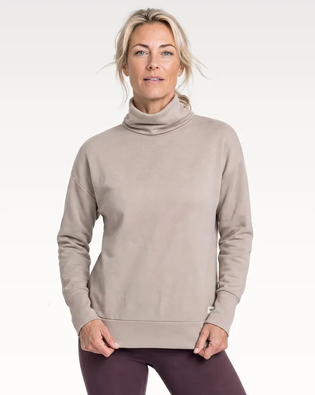 Aeronwen cowl neck in oat, worn