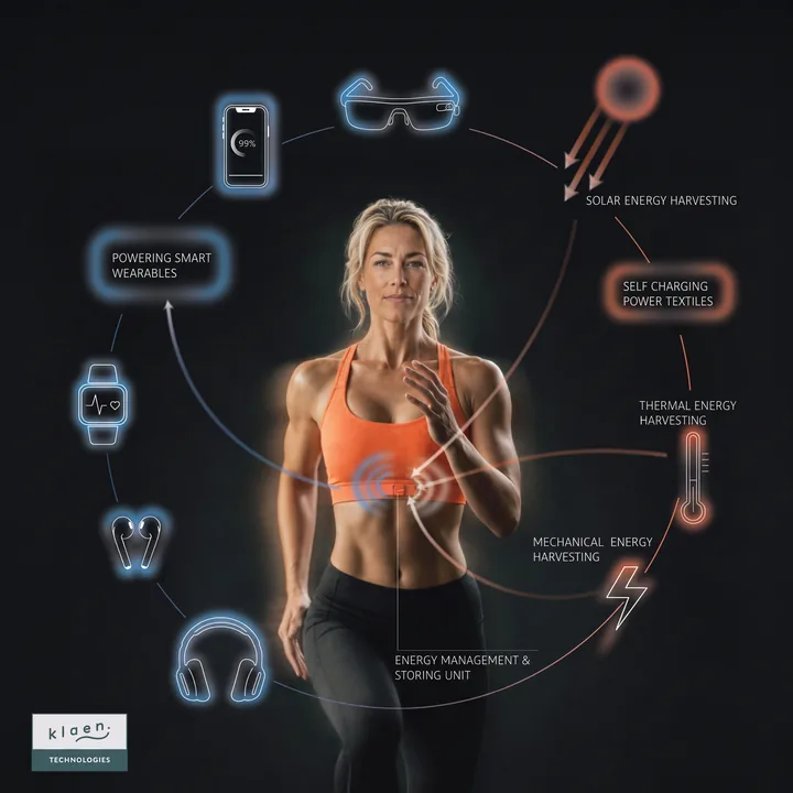 A runner surrounded by the devices Klaen fabric could power: phone, smart glasses, watch, earbuds and headphones, fed by solar, thermal and mechanical energy harvesting