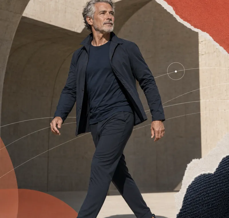 Grey-haired man striding through an archway in navy Klaen Movement Wear