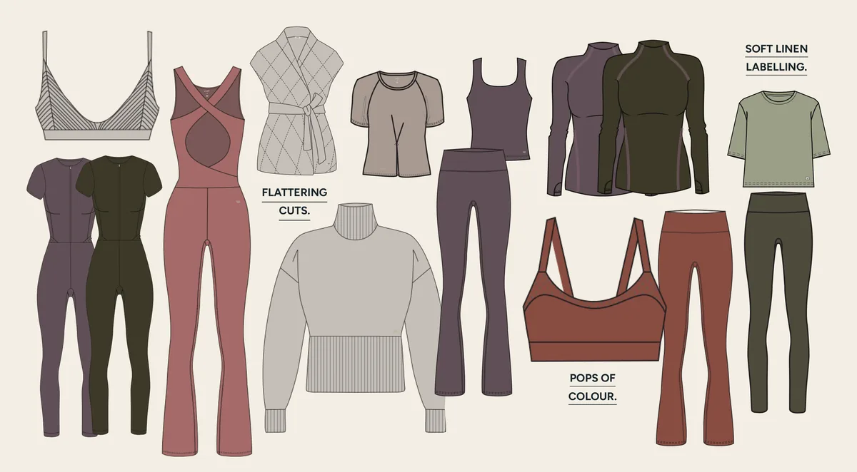 Illustrations of the women's range: bra tops, jumpsuits, flared leggings, a wrap cardigan, knitwear and tees in mauve, olive, rust and cream